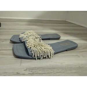 Zara Women's Light Blue Slides Sandals EU Sz 38 US Sz 7 Pearl Detailing Feminine